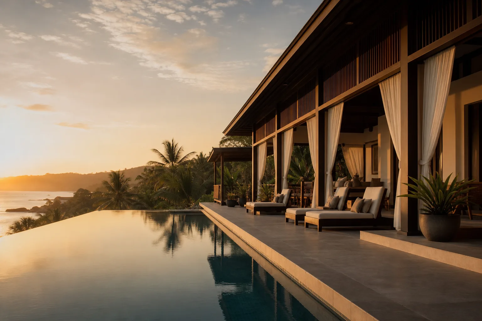 Luxury tropical boutique villa at golden hour